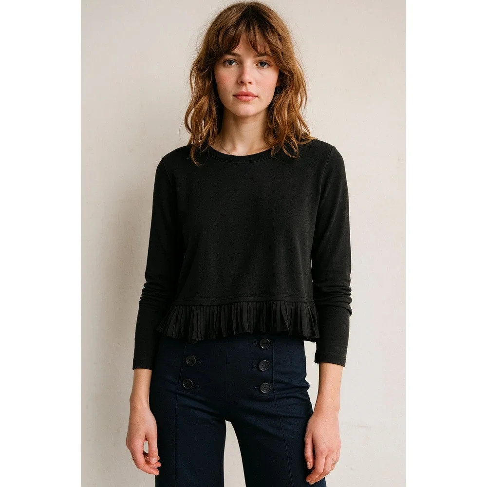 J.Crew Black Pleated Hem Long Sleeve Top Sweatshirt Women's Size M